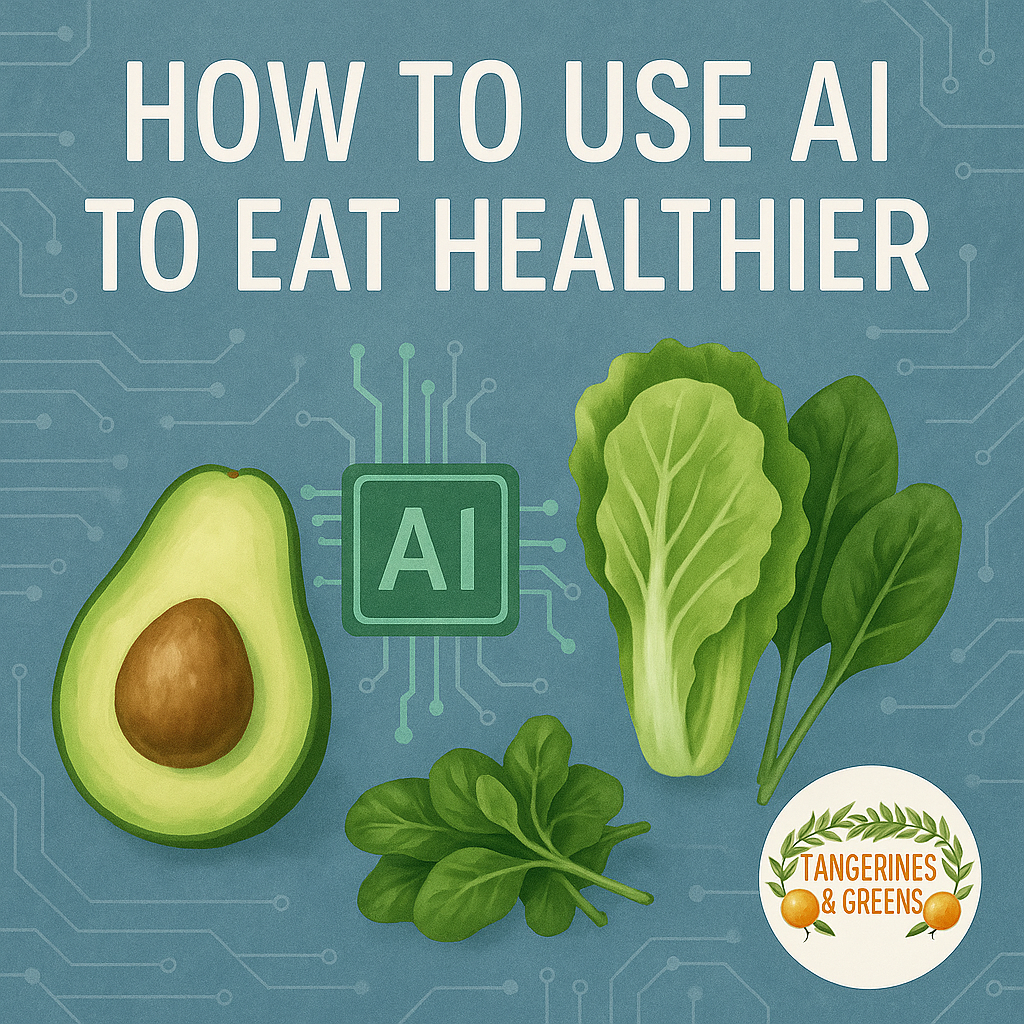 How to Use AI to Eat Healthier "Illustration featuring the title 'How to Use AI to Eat Healthier' with avocado, leafy greens, and a digital AI chip icon, promoting healthy eating with artificial intelligence – Tangerines & Greens blog.