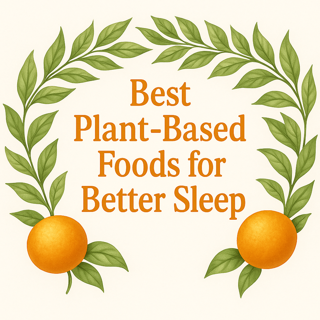 igital illustration with the title 'Best Plant-Based Foods for Better Sleep' in bold orange letters, framed by green leafy branches and two tangerines on a soft off-white background