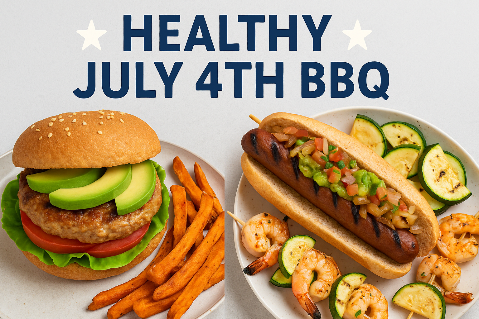 healthy July 4th BBQ ideas A patriotic-themed image featuring a turkey burger with avocado and sweet potato fries on one plate, and a grilled plant-based hot dog with guacamole, diced vegetables, grilled shrimp skewers, and zucchini slices on another plate. The text "Healthy July 4th BBQ" is centered at the top in bold navy blue letters, flanked by white stars on both sides.