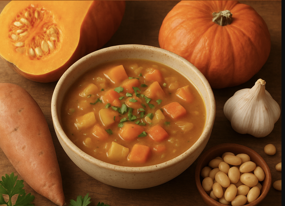 Must Have Ingredients Fall Harvest Soup A cozy bowl of fall harvest soup surrounded by fresh root vegetables, squash, and herbs on a rustic wooden table, perfect for autumn recipe inspiration.